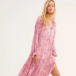 Free People Feeling Groovy Maxi Dress Floral Print Flowy V-Neck Pink Medium New
